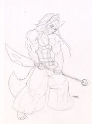 abs anthro athletic bellbottoms bottomwear canid canine clothed clothing fighting_pose hair long_hair looking_at_viewer male mammal melee_weapon muscular muscular_anthro nude pants polearm pose ready_(disambiguation) scar simple_background solo spear tail topless vein weapon white_background wolfgangcake