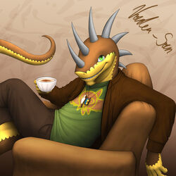 1:1 5_fingers anthro beard beverage biped bottomwear brown_body brown_skin chair clothed clothing coffee container crossed_legs cup detailed facial_hair fingers food fully_clothed furniture holding_container holding_cup holding_object jacket jewelry lizard looking_at_viewer male necklace pants recliner reptile scalie seat shirt side_view sitting solo spikes tail tail_between_legs tea_cup topwear vader-san vader_(vader-san) yellow_body yellow_skin