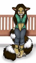 ajna anthro bassariscus bench biped brown_hair cacomistle female hair heterochromia looking_at_viewer mammal on_bench procyonid sitting solo tail tee_(ajna)