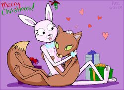 4_toes aliasing anthro barefoot big_eyes border brown_body brown_fur bunny_(courage_the_cowardly_dog) cartoon_network cel_shading christmas courage_the_cowardly_dog digital_media_(artwork) dipstick_tail domestic_cat duo feet felid feline felis female female/female fur gift hand_on_head heart_symbol holidays kissing_bough kitty_(courage_the_cowardly_dog) lagomorph leporid long_ears mammal markings merry_christmas mistletoe multicolored_tail nude open_mouth pink_body pink_fur plant pupils purple_background purple_border rabbit romantic romantic_couple shaded simple_background slit_pupils tail tail_markings tan_tail_tip toes toony wolfspit