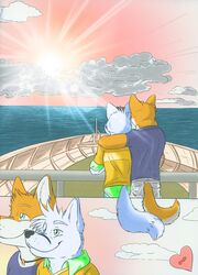 anthro black_nose blue_eyes boat canid canine canis clothed clothing cloud comic detailed_background duo elliot_(fluke) embrace english_text fluke fox fully_clothed fur green_eyes heart_symbol hi_res hug jewelry male male/male mammal motion_of_the_ocean necklace orange_body orange_fur outside romantic romantic_ambiance romantic_couple ryan_(fluke) sea shirt sky smile sunset tail text topwear vehicle water watercraft white_body white_fur wolf