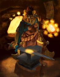 4_tails 5_fingers anthro anvil apron barefoot belt_pouch biped blacksmith bladed_weapon brown_body brown_fur canid canine claws clothed clothing detailed_background digital_media_(artwork) digital_painting_(artwork) ear_piercing ear_stud feet female fingers forge_(hearth) full-length_portrait fur glowing glowing_object hammer hi_res holding_hammer holding_melee_weapon holding_object holding_sword holding_tool holding_weapon inside leather leather_apron leather_clothing looking_at_object looking_down magic mammal melee_weapon monotone_tail multi_tail multicolored_body multicolored_fur piercing portrait raccoon_dog smithing smithy solo standing stud_piercing sword symbol tail taleron tan_body tan_ears tan_fur tan_tail tanuki toe_claws tools two_tone_body two_tone_fur warm_colors weapon