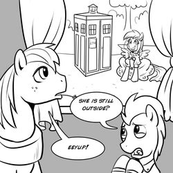 1:1 big_macintosh_(mlp) black_and_white british_broadcasting_corporation clothing curtains derp_eyes derpy_hooves dialogue doctor_who doctor_whooves_(mlp) dress earth_pony english_text equid equine feathered_wings feathers female feral freckles friendship_is_magic group hasbro horse madmax male mammal monochrome my_little_pony mythological_creature mythological_equine mythology object_in_mouth open_mouth pegasus police_box pony stalking tardis text wedding_dress window wings