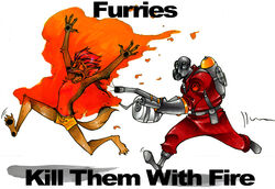 anthro burning canid canine duo english_text fire flamethrower fursecution gas_mask male mammal mask piercing pyro_(team_fortress_2) ranged_weapon simple_background tail team_fortress_2 text the_truth unknown_artist valve weapon white_background