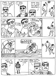 armor asphyxiation aviator_goggles beach black_and_white clothing comic death digital_drawing_(artwork) digital_media_(artwork) drowning english_text eyewear eyewear_on_head facial_hair female flight_helmet goggles goggles_on_head group hair hark_a_vagrant headgear helmet human humor kate_beaton male mammal monochrome moustache nipples not_furry parody scarf seaside simple_background smile sport sunglasses swimwear teeth text top_gun volleyball what white_background why