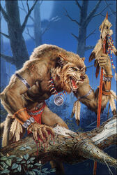 ambiguous_gender american_mythology anthro armlet armor beads belt blood blue_sky bodily_fluids bone bottomwear bracelet bracers branch branded brown_body brown_fur canid canine canis changeling_(world_of_darkness) claws clothed clothing cloud clyde_caldwell detailed_background drooling ear_piercing fangs feathers forest fur gaping_mouth hakken_(world_of_darkness) indigenous_north_american_mythology jewelry leather loincloth magic_user mammal medallion melee_weapon moon mythological_canine mythological_creature mythology nature necklace north_american_mythology open_mouth outside pendant piercing plant polearm runes saliva scar shaman skull sky solo spear staff tail tattoo teeth tongue topless tree tribal tribal_spellcaster trophy_necklace weapon were werecanid werecanine werewolf werewolf_the_apocalypse white_wolf_publishing wolf wood world_of_darkness_(series) yellow_eyes