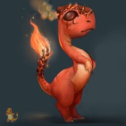 1:1 ambiguous_gender biped charmander digital_media_(artwork) feral fire flaming_tail full-length_portrait generation_1_pokemon grey_background nintendo orange_body orange_skin pokemon pokemon_(species) portrait shaded simple_background soft_shading solo soupandbutter standing tail what_has_science_done