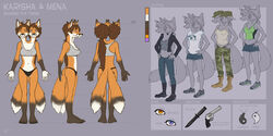 2:1 2_heads 2_tails 4_fingers 4_toes anthro black_clothing black_panties black_underwear bra brown_body brown_fur canid canine clothed clothing conjoined conjoined_twins feet female fingers fox front_view fur grey_bra grey_clothing grey_underwear gun handgun karisha_(phantomshotgun) karisha_and_mena knife mammal mena_(phantomshotgun) merystic midriff model_sheet multi_head multi_tail multicolored_body multicolored_fur navel orange_body orange_eyes orange_fur panties pistol plantigrade purple_eyes racerback_bra ranged_weapon rear_view shirt side_view skimpy solo tail tank_top toes topwear training_bra underwear underwear_only weapon white_body white_fur yin_yang