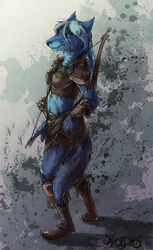 anthro arrow_(weapon) blue_hair bow_(weapon) canid canine canis female hair long_hair mammal nathradas quiver_(object) ranged_weapon solo tail weapon wolf