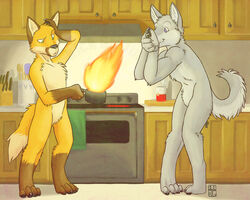 4_toes 5_fingers anthro appliance belly black_nose black_pawpads brown_body brown_fur canid canine canis casual_nudity chuckling claws confusion cooking cooking_fail detailed_background duo eyebrows fail featureless_crotch feet fingers fire fluffy fluffy_tail fox fur gloves_(marking) green_eyes grey_body grey_claws grey_fur holding_object humanoid_hands humor inside kitchen kitchen_appliance knock-kneed laugh leg_markings machine male mammal markings multicolored_body multicolored_fur multicolored_tail nude orange_body orange_fur orange_tail oven pawpads paws purple_eyes rick_griffin slim smile social_nudity socks_(marking) standing tail tan_belly tan_body tan_fur tan_tail toes two_tone_tail wolf