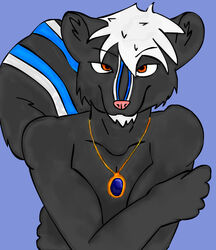 anthro azure_(bluedude) blue_markings clothed clothing facial_hair goatee hair jewelry male mammal markings mephitid necklace pendant skunk solo striped_skunk tail topless unknown_artist white_hair