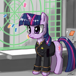 1:1 battlestar_galactica_(series) clothing cutie_mark equid equine female feral friendship_is_magic fur hair hasbro horn horse john_joseco mammal multicolored_hair my_little_pony mythological_creature mythological_equine mythology pony purple_body purple_eyes purple_fur purple_hair radar solo tail twilight_sparkle_(mlp) two_tone_hair unicorn uniform