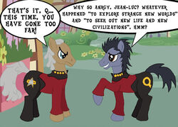 angry black_hair blue_eyes brown_eyes clothing crossover dialogue duo english_text equid equine feral flower friendship_is_magic grey_hair hair hasbro horse jean-luc_picard male mammal my_little_pony plant pony q_(star_trek) quadruped star_trek star_trek_the_next_generation tail text uniform unknown_artist