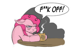 2011 beverage blue_eyes censored_text coffee container cup dialogue earth_pony english_text equid equine female feral food friendship_is_magic fuck_off fur furniture grumpy hair hasbro hattonslayden holding_container holding_cup holding_object horse hungover mammal monday morning my_little_pony pink_body pink_fur pink_hair pinkie_pie_(mlp) pony profanity reaction_image simple_background solo table text white_background