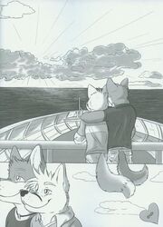 anthro canid canine canis clothed clothing cloud comic day dipstick_tail domestic_dog duo elliot_(fluke) fluke fully_clothed fur greyscale heart_symbol male mammal markings monochrome motion_of_the_ocean multicolored_tail outside rear_view rolled_up_sleeves ryan_(fluke) shirt side_view sky smile sunrise tail tail_markings topwear water