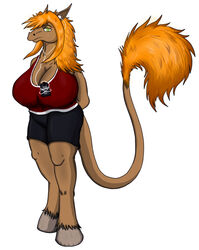 anthro big_breasts blonde_hair breasts cleaves equid equine female gingie green_eyes hair hi_res hooves horse huge_breasts mammal mirroid mirroidal overweight overweight_anthro overweight_female simple_background solo tail tail_tuft tuft white_background