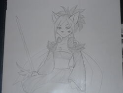 4:3 absurd_res anthro armor cloak clothed clothing crossdressing felid femboy graphite_(artwork) greyscale heart_symbol hi_res male mammal melee_weapon monochrome pencil_(artwork) solo stephanie_kao sword traditional_media_(artwork) weapon yuki_neigeux zetallis