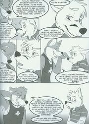 anthro boat canid canine comic dialogue duo elliot_(fluke) english_text fluke greyscale hi_res male mammal monochrome motion_of_the_ocean ryan_(fluke) text vehicle watercraft