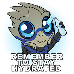 1:1 alien anthro big_eyes bioware blue_eyes bottle chibi container daww digital_media_(artwork) electronic_arts english_text garrus_vakarian hydration image_macro low_res male mass_effect meme piranhapettingzoo positive_message public_service_announcement reaction_image simple_background smile solo text turian water white_background