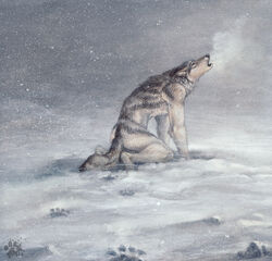 anthro blotch breath canid canine canis cold fur grey_body grey_fur howl male mammal outside paws print snow snowing solo tail wolf