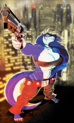 2011 abs absurd_res anthro biceps big_breasts biped blue_body blue_fur blue_hair breasts canid canine canis ce-rap city detailed_background female fur gun hair handgun hi_res hopey looking_at_viewer mammal muscular muscular_anthro muscular_female outside pose ranged_weapon revolver sky solo standing tail weapon wolf