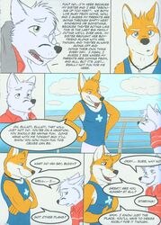 anthro black_nose blue_eyes canid canine canis clothed clothing cloud comic dialogue duo elliot_(fluke) english_text fluke fox fur green_eyes hi_res jewelry lifeguard looking_back male mammal motion_of_the_ocean necklace open_mouth orange_body orange_fur outside red_cross ryan_(fluke) sea shirt sky smile text tongue tongue_out topwear water wolf