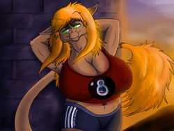 4:3 anthro big_breasts bottomwear breasts clothing detailed_background digital_media_(artwork) equid equine female gingie horse huge_breasts mammal mirroid mirroidal navel outside overweight overweight_anthro overweight_female shorts solo sunset tail tail_tuft tuft