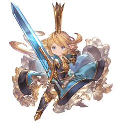  &gt;:) armor armored_boots armored_dress blonde_hair blue_dress blue_eyes boots charlotta_(granblue_fantasy) crown dress female fighting_stance frills full_body gauntlets granblue_fantasy granblue_fantasy_versus harvin long_hair minaba_hideo official_art pointy_ears simple_background smile solo sword tachi-e tall_crown v-shaped_eyebrows weapon white_background 