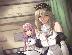  2girls :d aponia_(honkai_impact) bare_shoulders black_gloves blue_eyes breasts brown_hair cleavage cleavage_cutout clipboard clothing_cutout commentary_request curtains dress elbow_gloves elf elysia_(honkai_impact) elysia_(miss_pink_elf)_(honkai_impact) gloves hair_between_eyes hat highres holding holding_clipboard honkai_(series) honkai_impact_3rd indoors long_hair looking_at_viewer meme metal_gear_(series) metal_gear_solid_v:_the_phantom_pain multiple_girls nine_years_in_a_coma_(meme) nurse nurse_cap pink_hair pointy_ears pov shiratama_(srtm_on) short_sleeves sleeveless sleeveless_dress smile tiles white_dress 