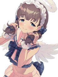  blue_bow blue_eyes blush bow brown_hair cropped_shirt feathered_wings female frilled_hairband frills fur_halo hairband highres holding holding_own_hair idolmaster idolmaster_cinderella_girls idolmaster_cinderella_girls_starlight_stage long_hair looking_at_viewer nanananananasea plaid plaid_bow sakuma_mayu shirt simple_background sleeveless sleeveless_shirt smile solo twintails waist_bow white_background white_wings wings wrist_cuffs 