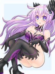  bare_shoulders black_gloves black_thighhighs blue_eyes blush breasts cleavage elbow_gloves female gloves hair_ornament kazuneko_(wktk1024) large_breasts long_hair looking_at_viewer nepnep_connect:_chaos_chanpuru neptune_(series) purple_hair purple_sister purple_sister_(chaos_form) solo thighhighs thighs 