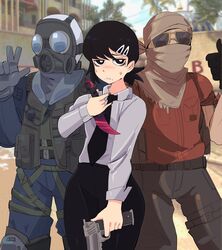  2boys absurdres bandana bandana_over_mouth black_eyes black_gloves black_hair black_necktie blue_jacket blue_pants brown_bandana brown_pants chainsaw_man counter-strike_(series) counter-strike_2 female gas_mask gloves grey_vest gun hair_ornament hairclip handgun higashiyama_kobeni highres holding holding_gun holding_knife holding_weapon jacket jiansketch karambit knife long_sleeves mask mole mole_under_eye multiple_boys necktie pants red_shirt shirt short_ponytail short_sleeves single_sidelock sunglasses thumbs_up vest weapon white_shirt 