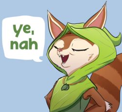  anthro closed_eyes clothing dialogue dota fangs female hi_res hitsuji hoodie hoodwink_(dota) jewelry leaf_clothing mammal necklace pink_nose reaction_image rodent sciurid simple_background solo teeth text topwear tree_squirrel 