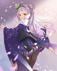  arched_bangs ass black_pantyhose blush cherry_blossoms commentary falling_petals female from_behind fur-trimmed_kimono fur_trim gradient_hair grey_hair hair_bun hairband highres hololive japanese_clothes kimono long_hair long_sleeves looking_at_viewer looking_back multicolored_hair murasaki_shion murasaki_shion_(new_year) obi oerba_yun_fang official_alternate_costume ohihil open_mouth pantyhose petals photoshop_(medium) sash short_kimono sidelocks single_hair_bun single_side_bun skin_fang smile smug solo v-shaped_eyebrows virtual_youtuber wide_sleeves 