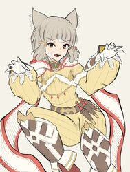  :d animal_ears blunt_bangs blunz bodysuit breasts cat_ears facial_mark fangs female gloves grey_hair highres looking_at_viewer nia_(xenoblade) scarf short_hair simple_background small_breasts smile solo twintails white_gloves xenoblade_chronicles_(series) xenoblade_chronicles_2 yellow_bodysuit yellow_eyes 