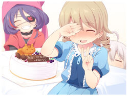  3girls :d ^_^ ahoge bad_id bad_pixiv_id birthday birthday_cake black_collar blouse blue_shirt blue_skirt blush cake character_name choker closed_eyes collar collared_shirt commentary_request covering_one_eye dot_nose eyepatch facing_viewer food grin hair_between_eyes hands_up happy_birthday hayasaka_mirei heart hood hood_up hoshi_syoko idolmaster idolmaster_cinderella_girls individuals_(idolmaster) jacket light_brown_hair long_hair medium_hair morikubo_nono multicolored_hair multiple_girls nose_blush open_mouth photoshop_(medium) pink_jacket puffy_sleeves purple_hair red_hair ringlets shirt skirt skirt_set smile squirrel streaked_hair table tearing_up tray uccow v w wavy_mouth white_background 