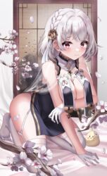  arm_under_breasts azur_lane branch breast_curtains breasts chanpower233 cherry_blossoms china_dress chinese_clothes cleavage commentary_request covered_navel dress falling_petals female flower gloves golden_rose hair_flower hair_ornament half_gloves highres kneeling large_breasts leaning_forward looking_at_viewer manjuu_(azur_lane) official_alternate_costume pelvic_curtain petals pink_eyes revealing_clothes short_hair sidelocks sirius_(azur_lane) sirius_(azure_horizons)_(azur_lane) skindentation solo thighhighs thighs white_gloves white_hair white_thighhighs 