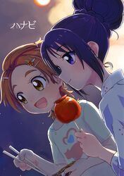  2girls absurdres apple azuma_yukihiko commentary eating eyelashes food fruit futari_wa_precure_splash_star hair_bun hair_ornament hair_up hairclip highres hyuuga_saki japanese_clothes kimono long_hair mishou_mai multiple_girls orange_eyes orange_hair precure purple_eyes purple_hair shirt short_hair single_hair_bun translated yukata 