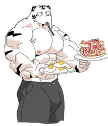  2018 abs anthro biceps bulge clothed clothing digital_media_(artwork) felid food fur kemono male mammal muscular muscular_anthro muscular_male nipples pantherine pecs simple_background solo syukapong tiger topless white_background 