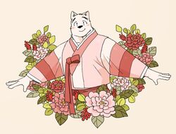  2018 anthro asian_clothing canid canine clothing digital_media_(artwork) east_asian_clothing flower fur half-length_portrait hanbok kemono korean_clothing looking_at_viewer male mammal plant portrait simple_background smile solo syukapong white_body white_fur 