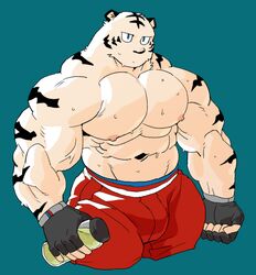  2018 5_fingers abs anthro biceps clothing felid fingers fur kemono leucistic male mammal muscular muscular_anthro muscular_male nipples pantherine pecs simple_background solo syukapong tiger 