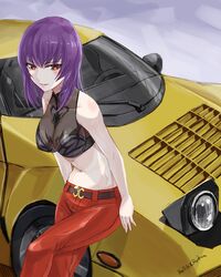  artist_name belt black_shirt breasts brown_belt brown_eyes crop_top cropped_shirt female grey_background headlight highres jun_(rellik_&amp;_redrum) kouzuki_yuuko lancia_(brand) lancia_stratos looking_to_the_side midriff muv-luv muv-luv_alternative muv-luv_alternative_(anime) navel pants pop-up_headlights red_pants shirt sitting sleeveless sleeveless_shirt solo 