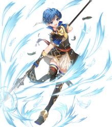  alternate_costume armor belt blue_eyes blue_hair blue_thighhighs boots breastplate dress elbow_gloves feather_trim female fingerless_gloves fingernails fire_emblem fire_emblem:_the_binding_blade fire_emblem_heroes full_body gloves gold_trim highres holding holding_weapon leg_up looking_away miwabe_sakura non-web_source official_art open_mouth polearm shanna_(fire_emblem) short_dress short_hair short_sleeves shoulder_armor skirt solo spear thigh_boots thighhighs transparent_background weapon zettai_ryouiki 