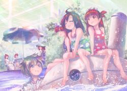  1boy 6+girls :d ^_^ ahoge barefoot beach_umbrella blunt_bangs brown_eyes brown_hair chair closed_eyes commentary_request dutch_angle frilled_one-piece_swimsuit frills green_headwear hairband kemurikusa lolita_hairband long_hair looking_at_another multiple_girls one-piece_swimsuit open_mouth pink_eyes pink_one-piece_swimsuit plant profile red_hair riku_(kemurikusa) rina_(kemurikusa) riri_(kemurikusa) ryoku_(kemurikusa) ryou_(kemurikusa) shiro_(kemurikusa) short_hair sideways_mouth sitting smile spoilers sunglasses swimsuit table umbrella usapenpen2019 wakaba_(kemurikusa) water 