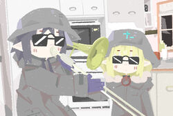  2girls bad_id bad_pixiv_id brodie_helmet chito_(shoujo_shuumatsu_ryokou) coat combat_helmet green_coat helmet instrument kitchen meme microwave multiple_girls music naaga_sonomono oven playing_instrument shoujo_shuumatsu_ryokou stahlhelm sunglasses trombone when_mama_isn&#039;t_home_(meme) yuuri_(shoujo_shuumatsu_ryokou) 