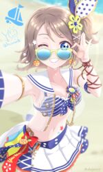  adjusting_eyewear armlet beach bikini blue-tinted_eyewear blue_bikini blue_eyes blurry blurry_background brown_hair character_name character_signature collarbone depth_of_field diaja1414 earrings english_commentary eyebrows_hidden_by_hair female flower food-themed_earrings frilled_bikini frills front-tie_bikini_top front-tie_top grin hair_flower hair_ornament hair_ribbon hairclip highres jewelry light_brown_hair looking_at_viewer looking_over_eyewear love_live! love_live!_school_idol_festival_all_stars love_live!_sunshine!! medium_hair miniskirt navel official_alternate_costume one_eye_closed one_side_up open_clothes open_vest pleated_skirt polka_dot ribbon sailor_collar see-through see-through_vest selfie skirt smile solo star_(symbol) star_hair_ornament star_tattoo stomach_tattoo striped_bikini striped_clothes sunglasses swimsuit tattoo teeth tinted_eyewear two-tone_ribbon unzipped vest watanabe_you white_sailor_collar white_skirt x_hair_ornament yellow-framed_eyewear 