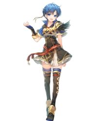  alternate_costume armor belt blue_eyes blue_hair blue_thighhighs boots breastplate dress elbow_gloves feather_trim female fingerless_gloves fingernails fire_emblem fire_emblem:_the_binding_blade fire_emblem_heroes full_body gloves gold_trim highres looking_at_viewer miwabe_sakura non-web_source official_art shanna_(fire_emblem) short_dress short_hair short_sleeves shoulder_armor skirt smile solo thigh_boots thighhighs transparent_background zettai_ryouiki 