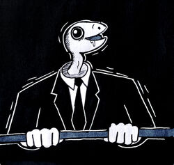  2022 ambiguous_gender anthro black_and_white black_background black_tie_(suit) bodily_fluids clothed clothing drooling eraserhead fully_clothed glury_the_unown hi_res monochrome necktie open_mouth saliva simple_background small_head smile solo suit tongue unknown_species what 