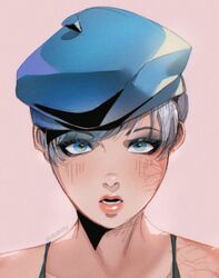  alternate_hair_color apex_legends artist_name bad_id bad_pixiv_id beret blue_eyes blue_eyeshadow blue_hat blush bra_strap collarbone english_commentary eyeshadow female grey_hair hair_behind_ear hat haute_drop_wattson highres kitty_keihara lichtenberg_figure makeup open_mouth pink_background scar scar_on_cheek scar_on_face short_hair solo upper_body wattson_(apex_legends) 