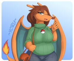  anthro anthrofied big_breasts blue_eyes breasts brown_hair charizard clothed clothing dragon female generation_1_pokemon hair huge_breasts jewelry mature_anthro mature_female mythological_creature mythological_scalie mythology necklace nintendo open_mouth pokemon pokemon_(species) scalie simple_background slightly_chubby smile solo sweater tail thick_thighs topwear wide_hips wings yorusagi 